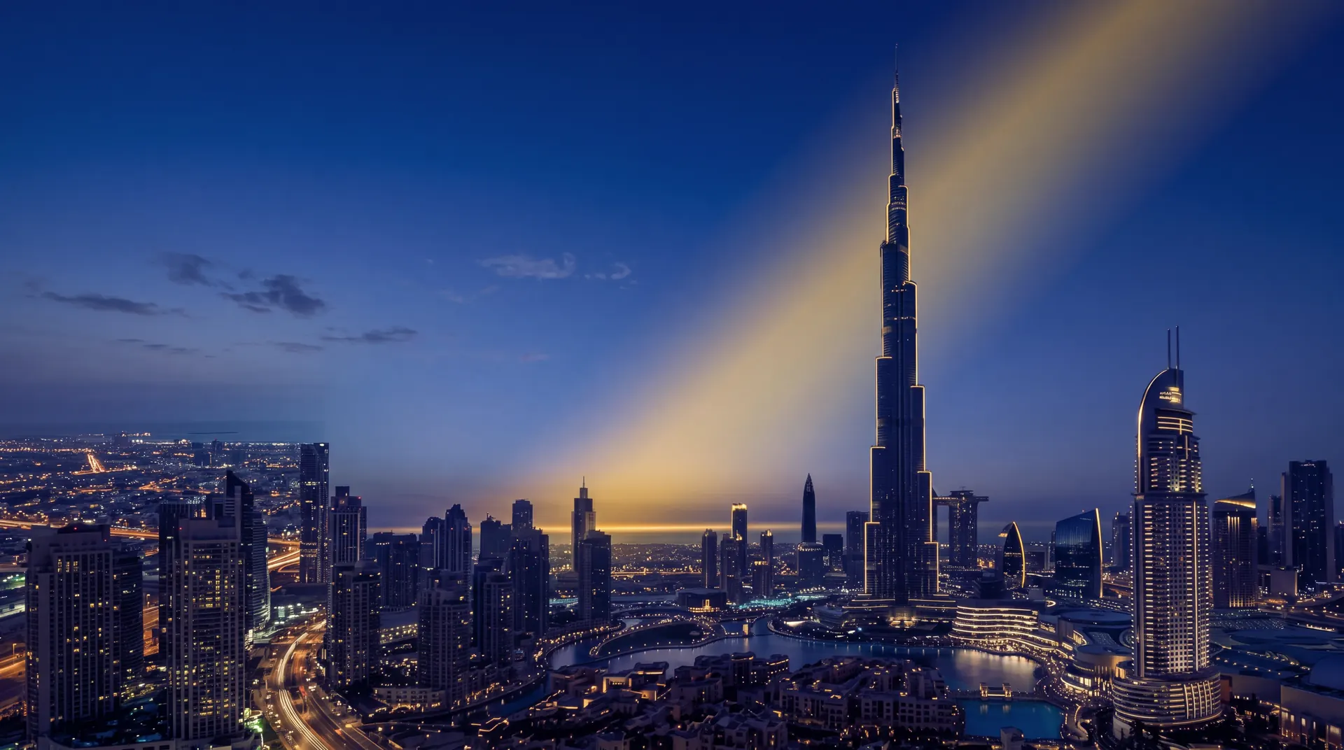 The Dubai skyline at blue hour, the Burj Khalifa lit gold beneath a deep indigo sky