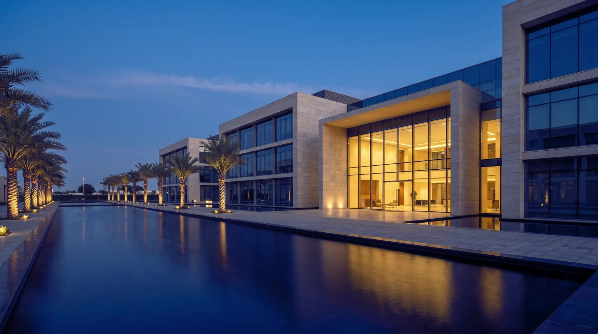 A low stone and glass office campus at blue hour, its lit lobby reflected in a long pool