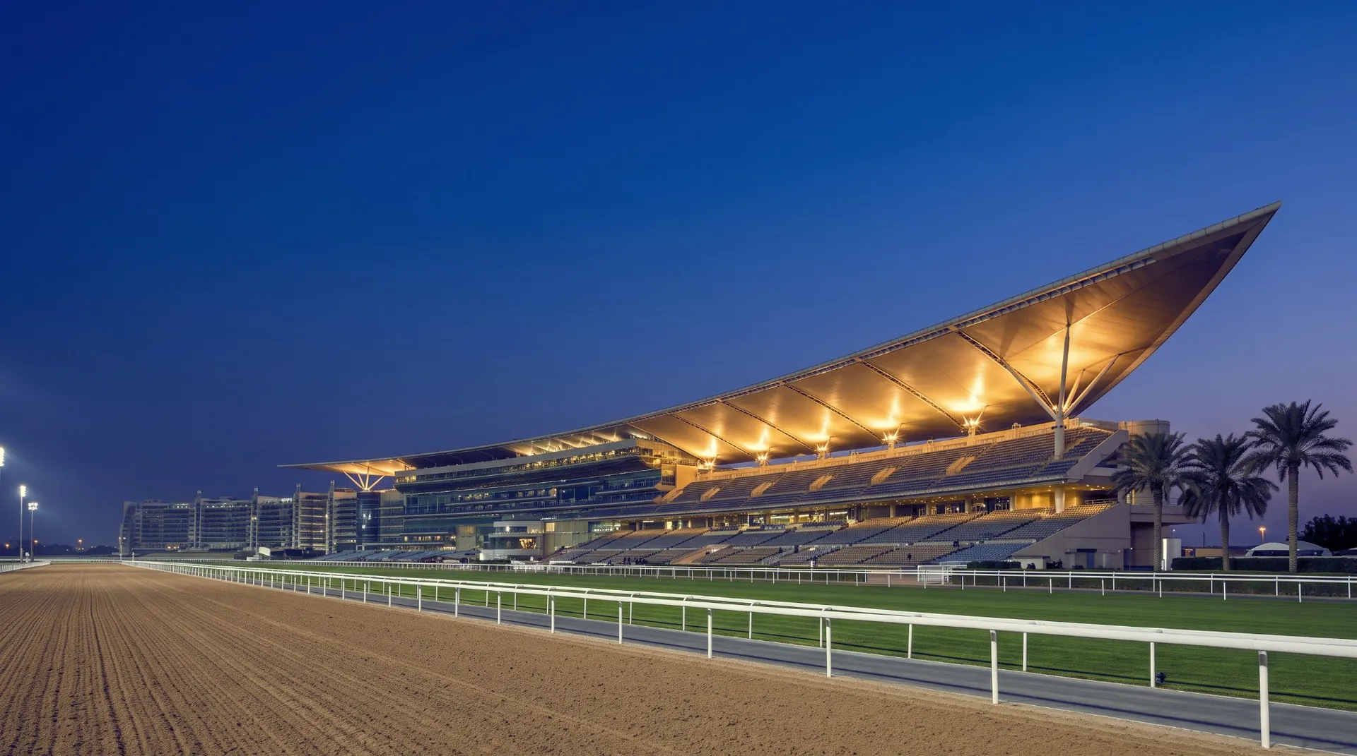 The Meydan Racecourse grandstand at blue hour, its long curved roof lit gold