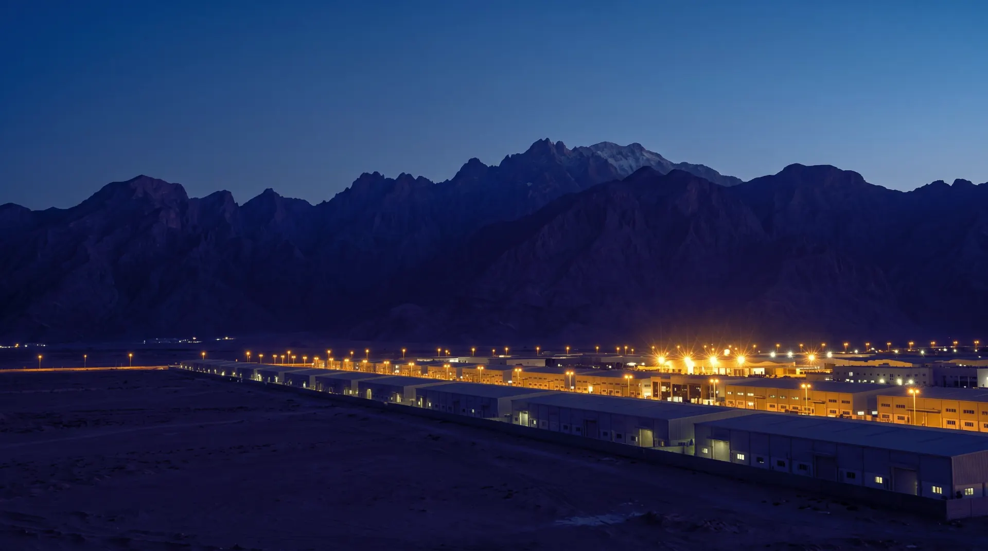 The Hajar mountains in silhouette at blue hour above the lit rows of a business park on the plain