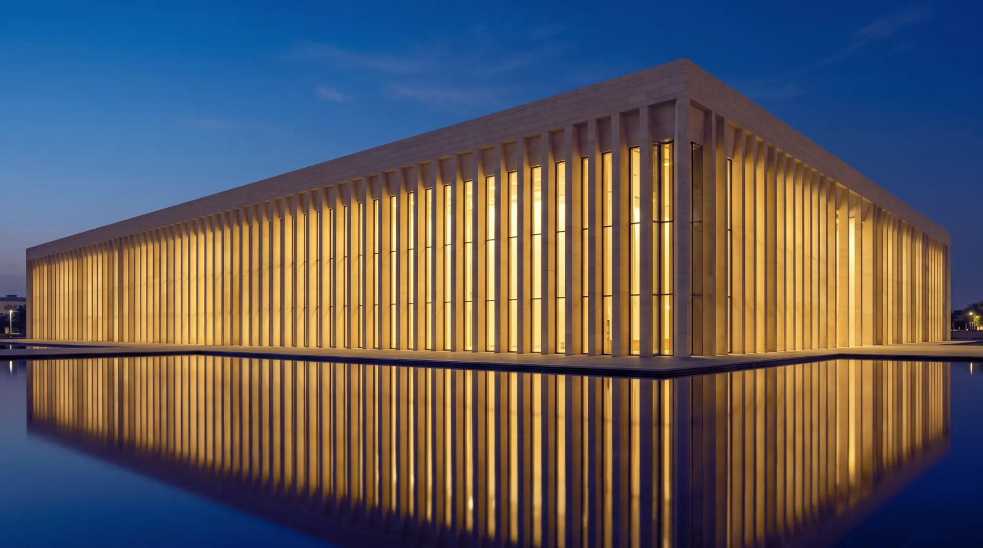 A pale stone building with tall vertical fins lit gold at blue hour, doubled in a still reflecting pool