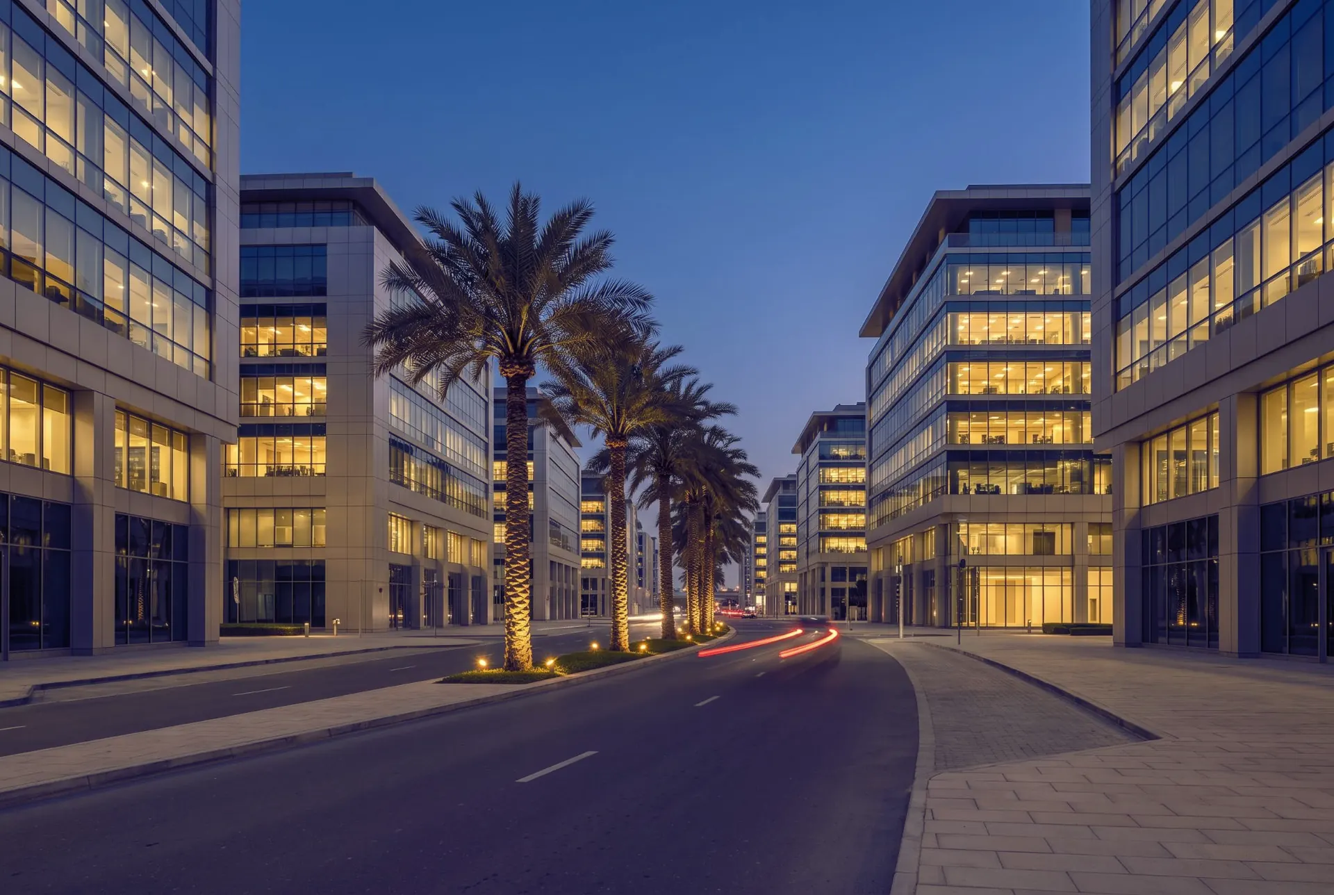 A palm-lined business boulevard at blue hour, office floors lit gold