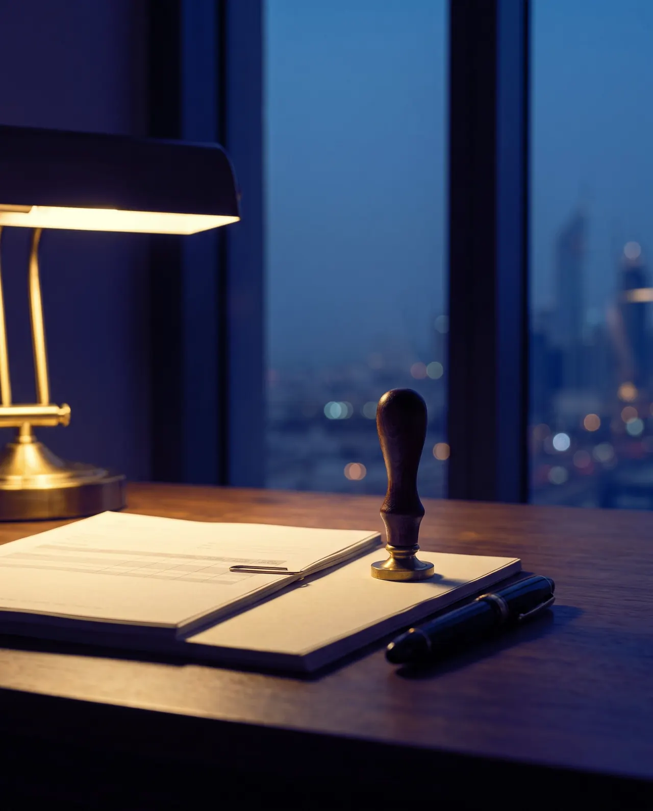A brass desk stamp beside cream documents under a lamp, the city at dusk beyond