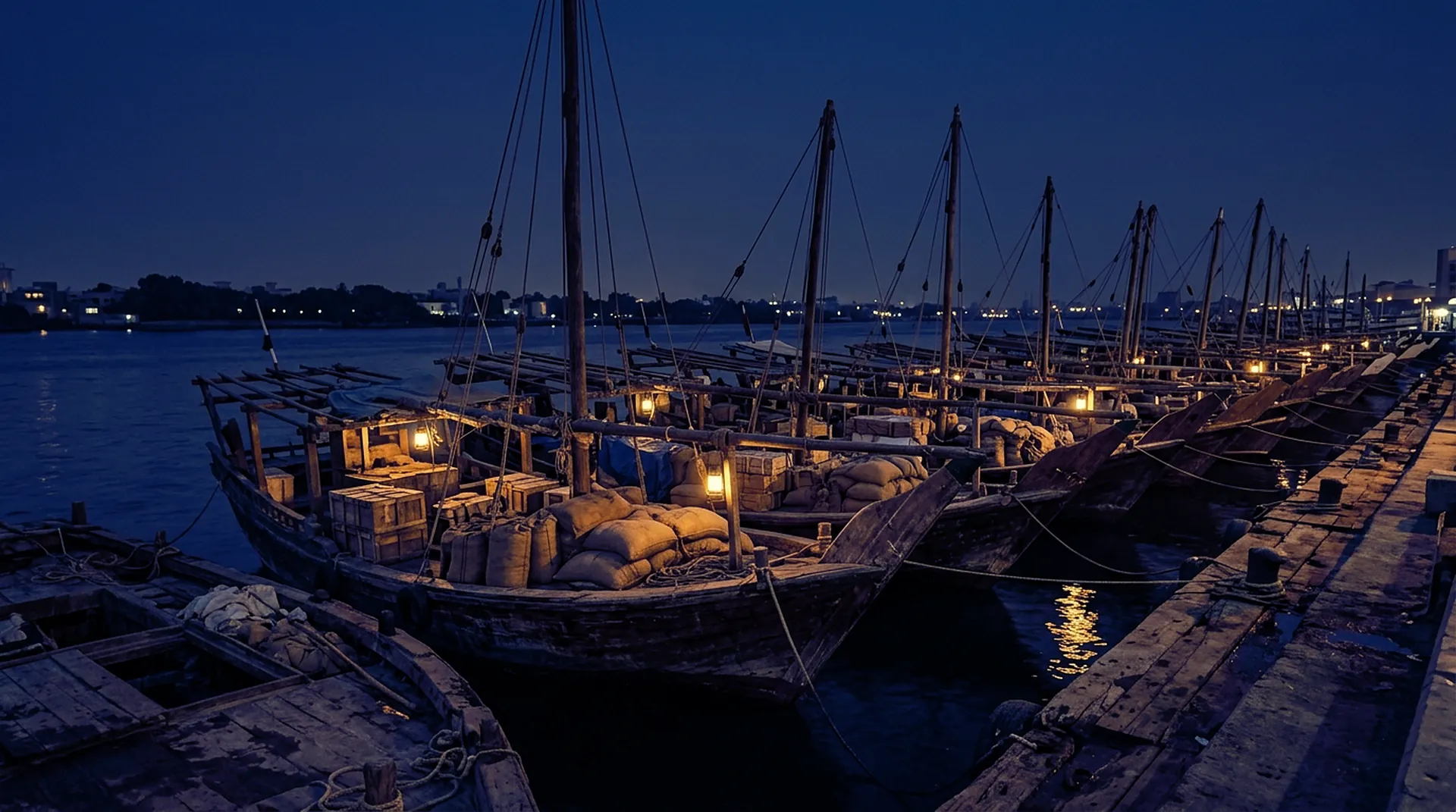 Wooden dhows moored along a Dubai Creek wharf at blue hour, decks stacked with cargo sacks and crates