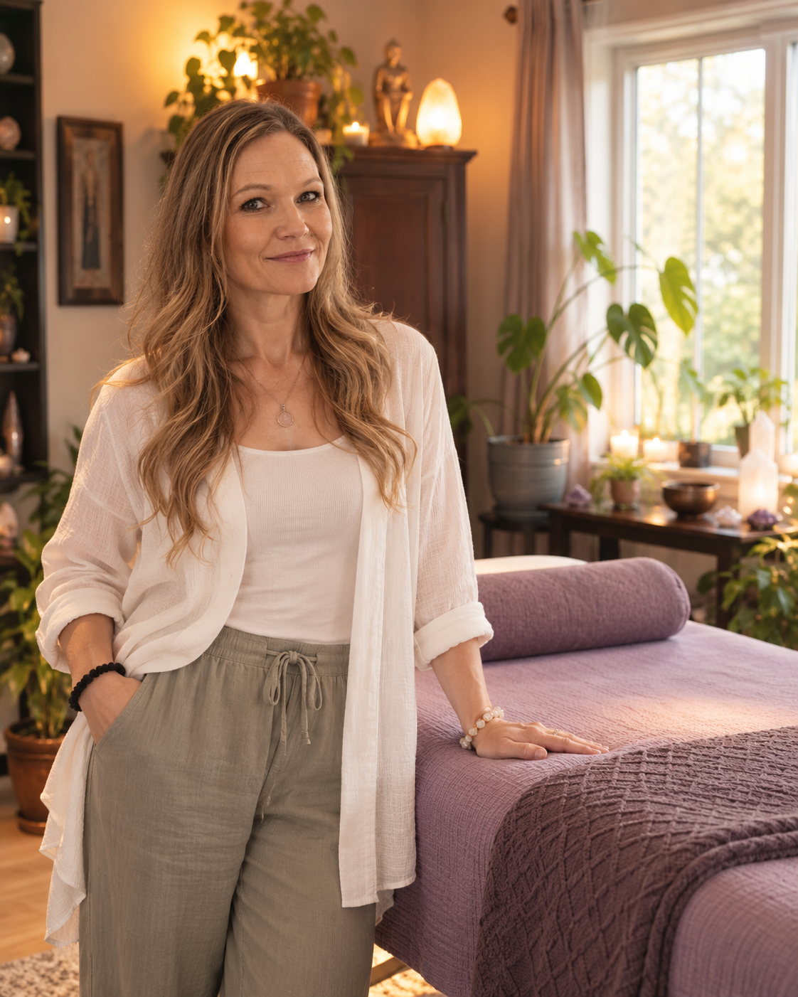 Crossroads Reiki practitioner in a warm, grounded wellness setting