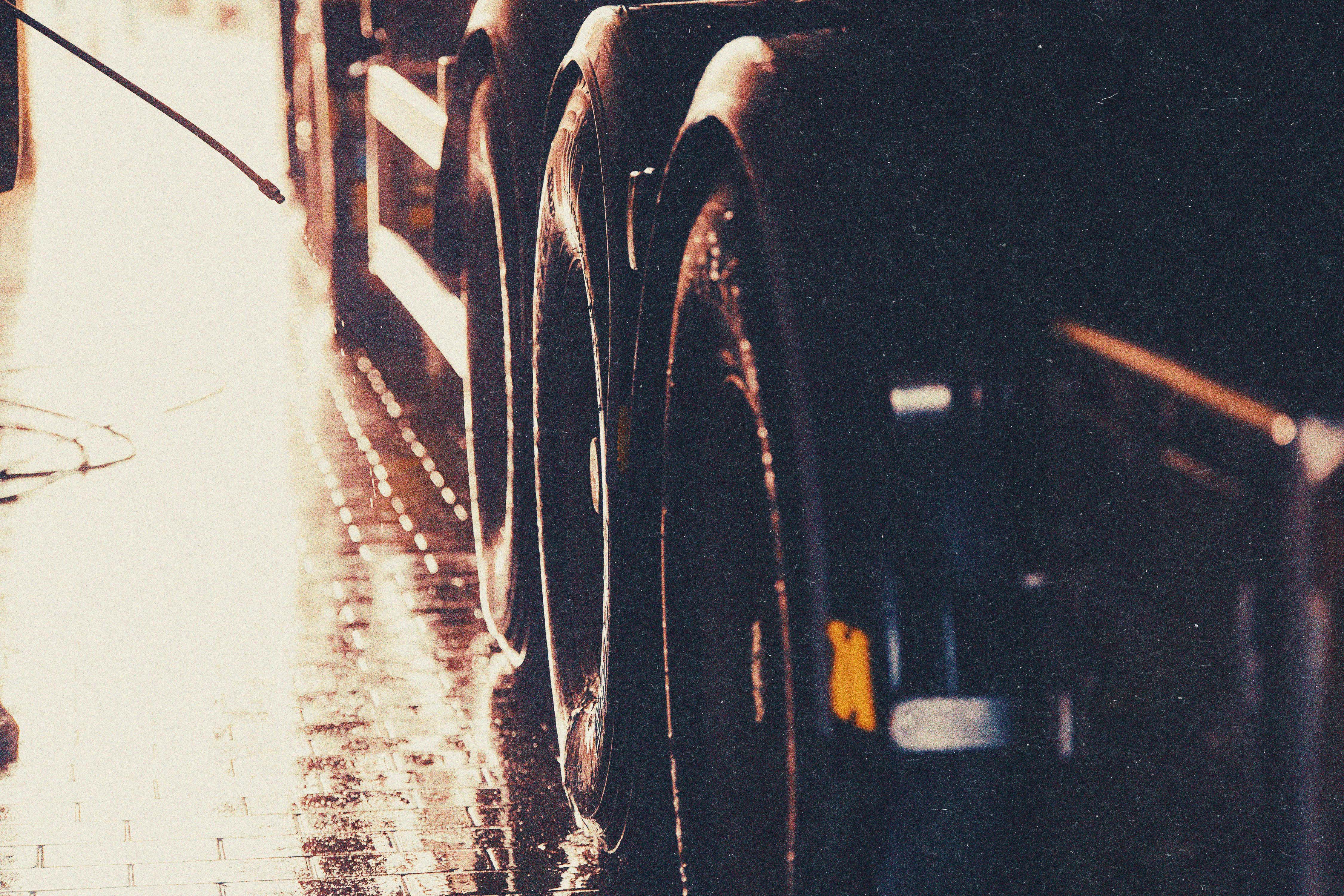 Truck tires on a wet road at night