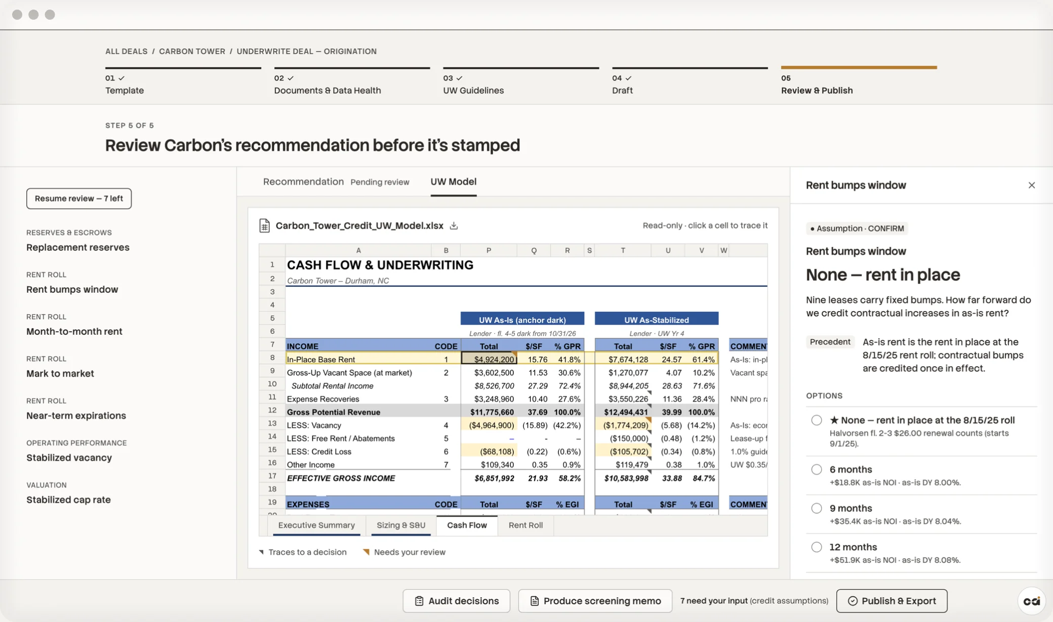 CarbonAI underwriting review screen showing the model recommendation, a read-only cash flow workbook and an assumption panel for rent bumps