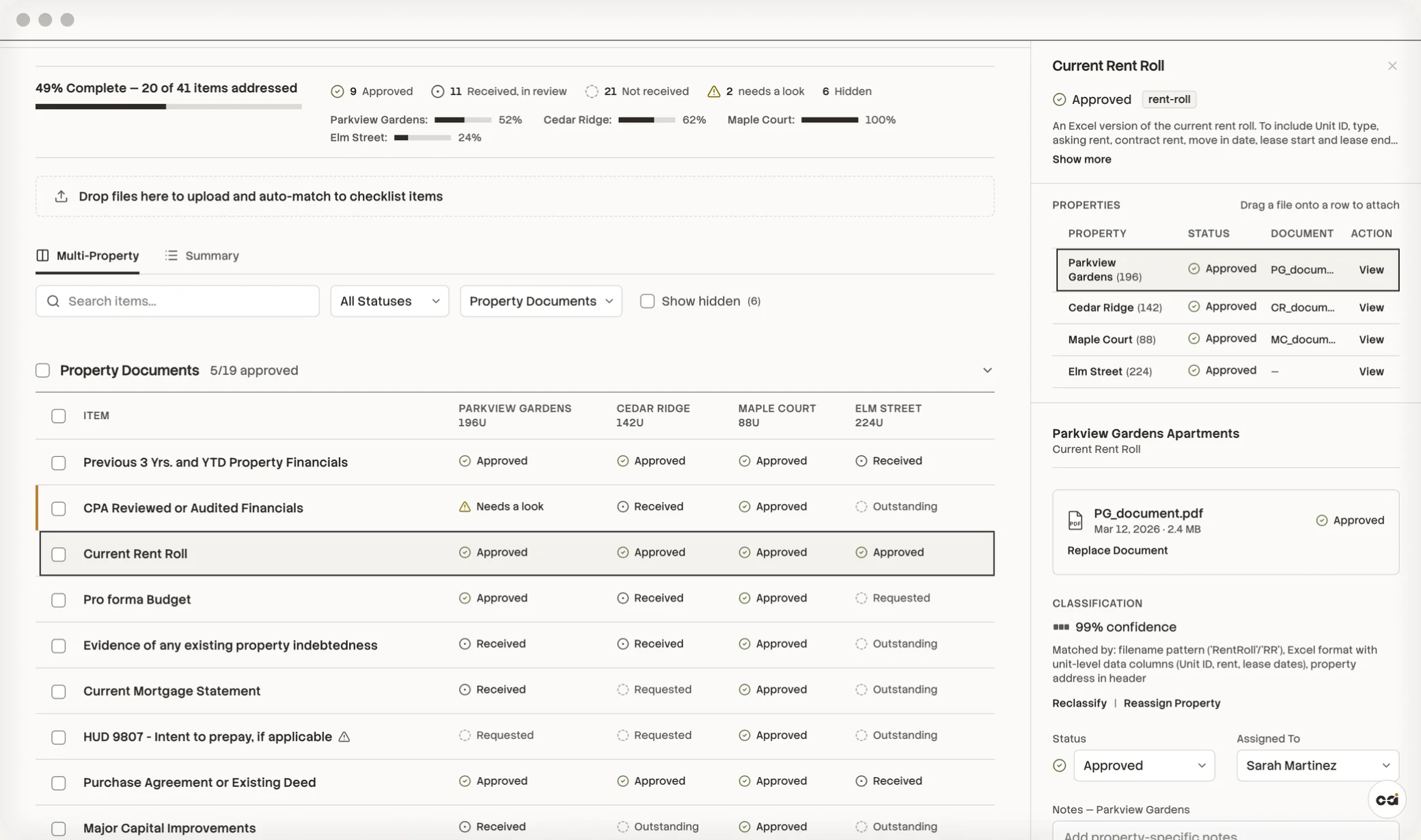 CarbonAI due diligence checklist tracking document status across four properties, with a detail panel for the current rent roll