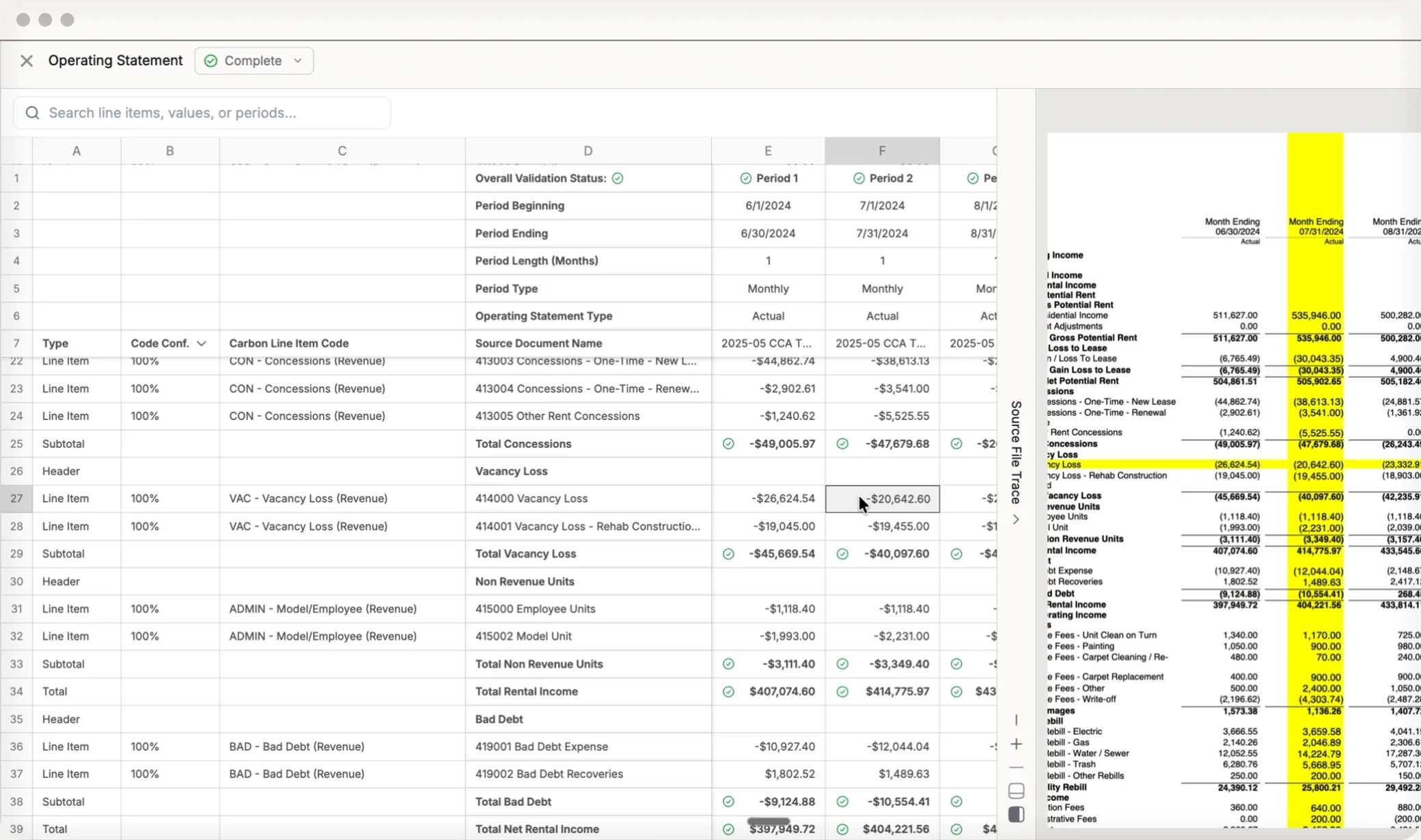 CarbonAI operating statement validation: extracted line items with check marks beside the highlighted source document