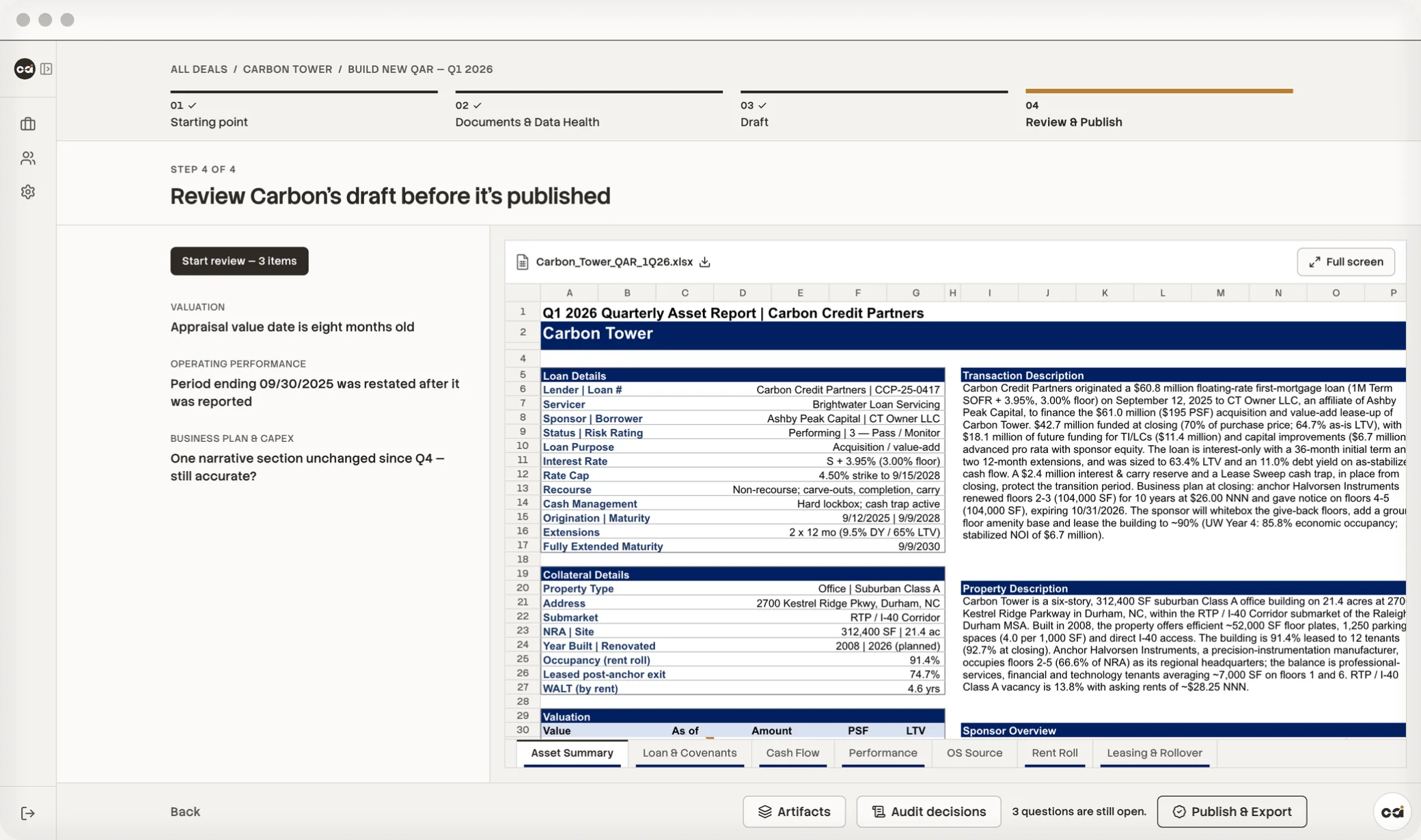 CarbonAI review screen for a quarterly asset report, listing three open items to check beside the report workbook ready to publish and export