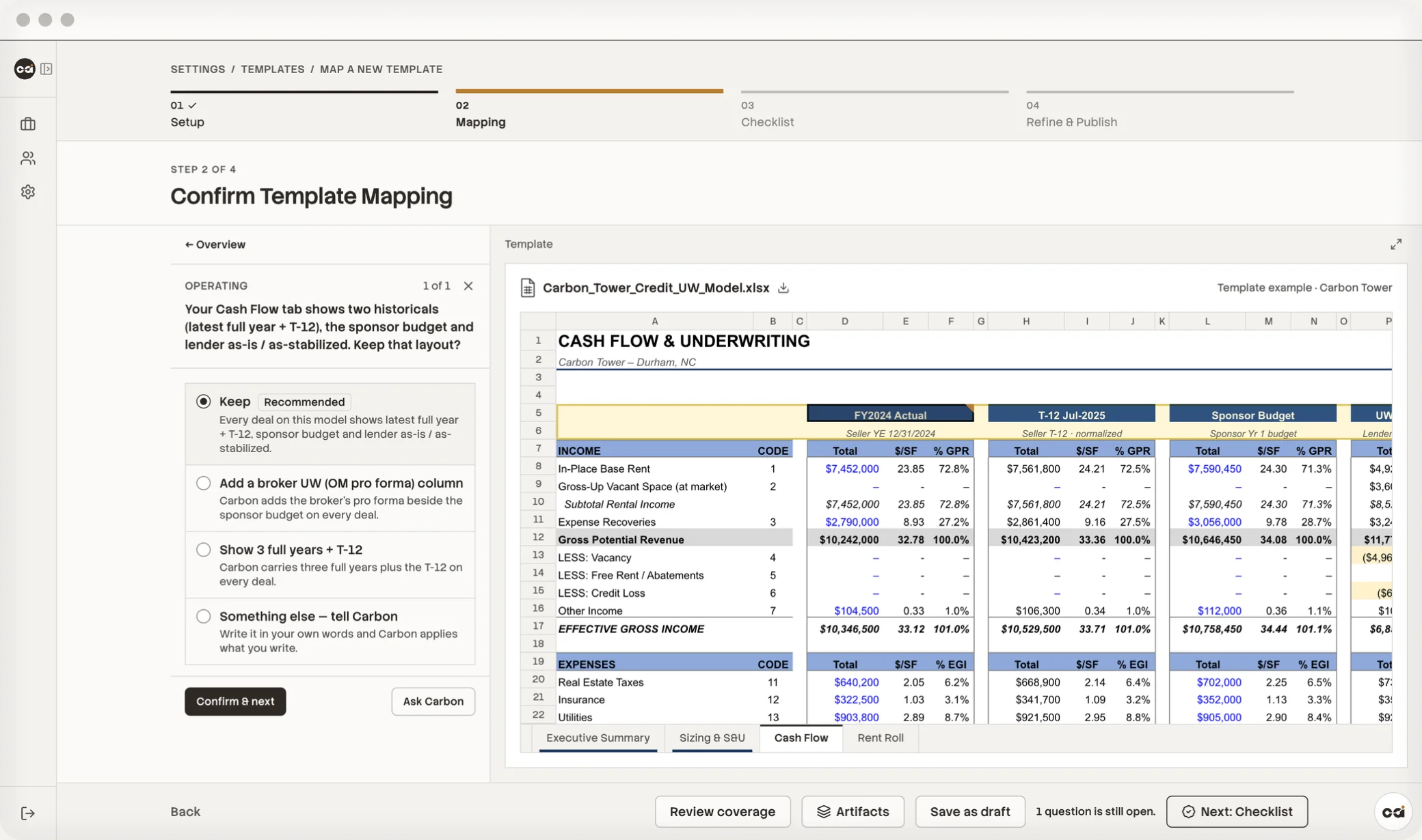 CarbonAI template mapping screen where a lender confirms how its own cash flow underwriting workbook is mapped, shown next to the workbook itself