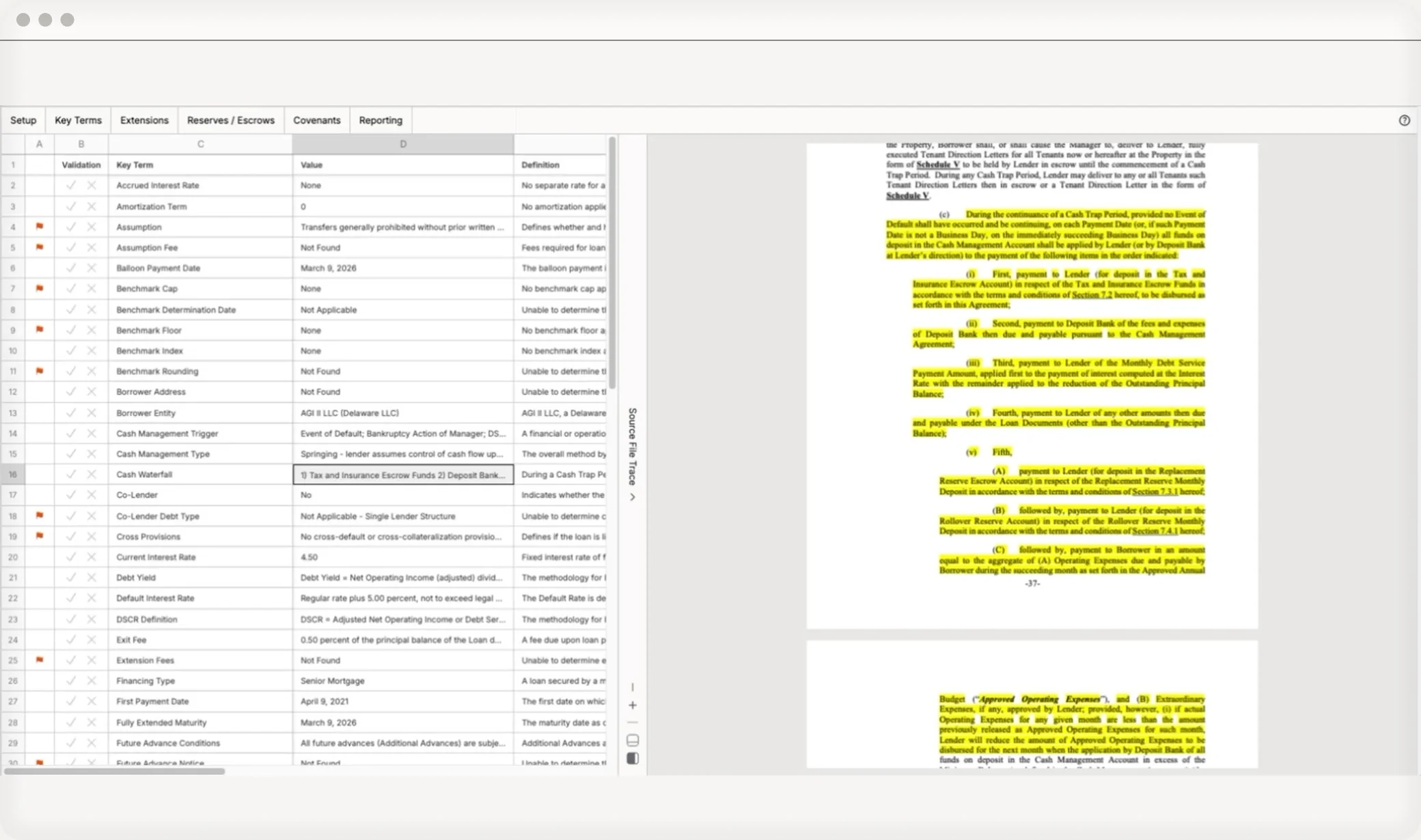 CarbonAI table of extracted loan key terms beside the source loan agreement, with the supporting clause highlighted