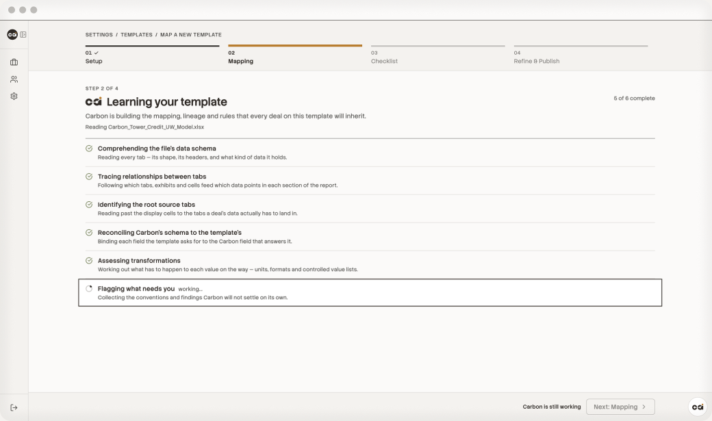 CarbonAI template mapping screen where a lender confirms how its own cash flow underwriting workbook is mapped, shown next to the workbook itself