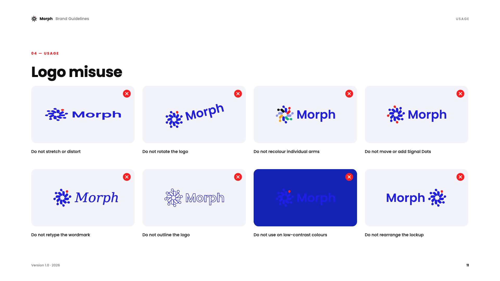 Morph brand guidelines page 11: Logo misuse