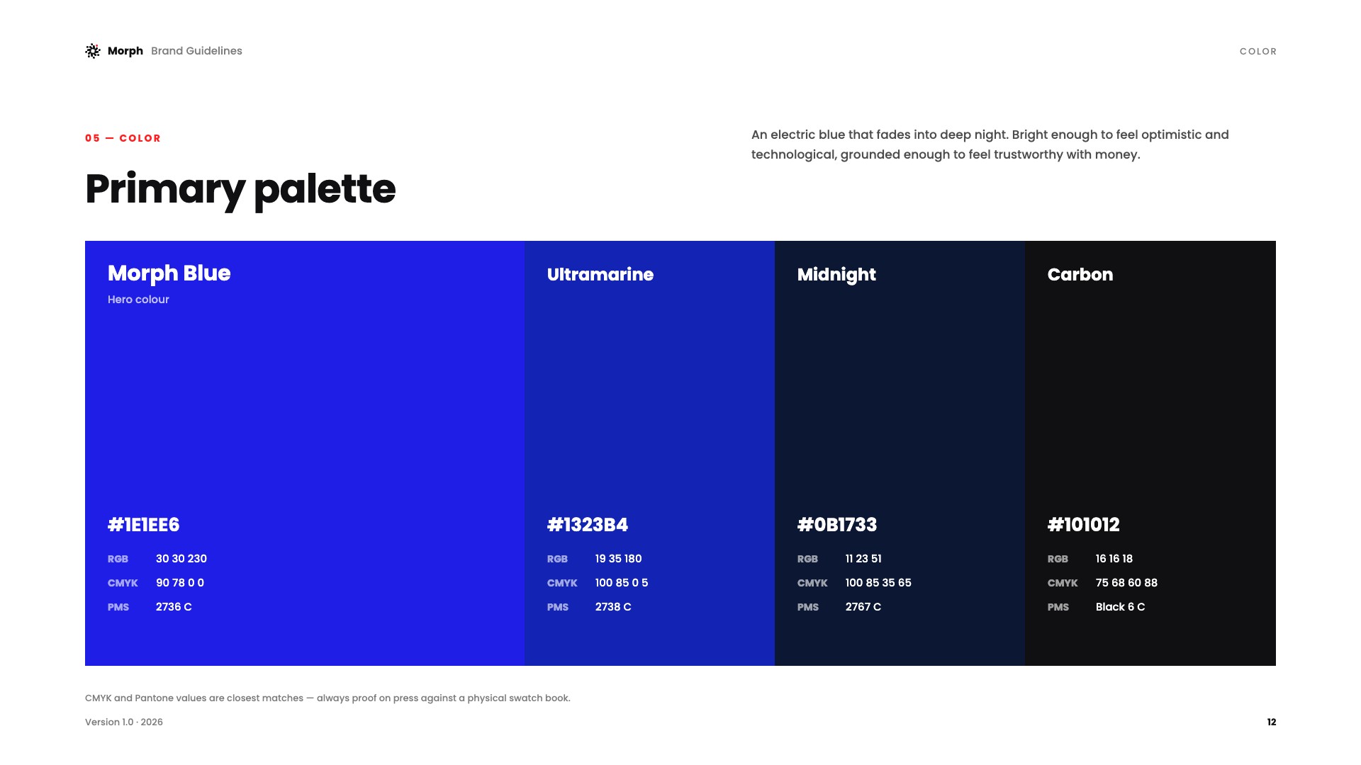 Morph brand guidelines page 12: Primary palette