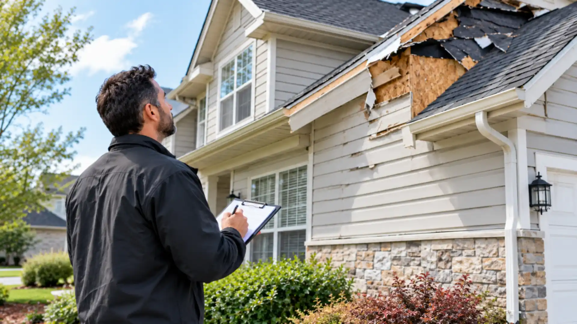 A public adjuster with a clipboard inspecting storm damage to a home's roof and siding