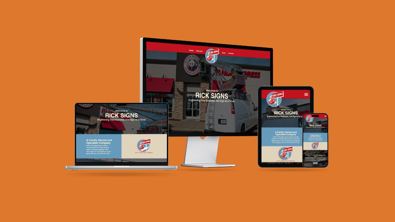 Rick Signs & Repairs website shown on desktop, laptop, tablet and phone, designed by Identity Start