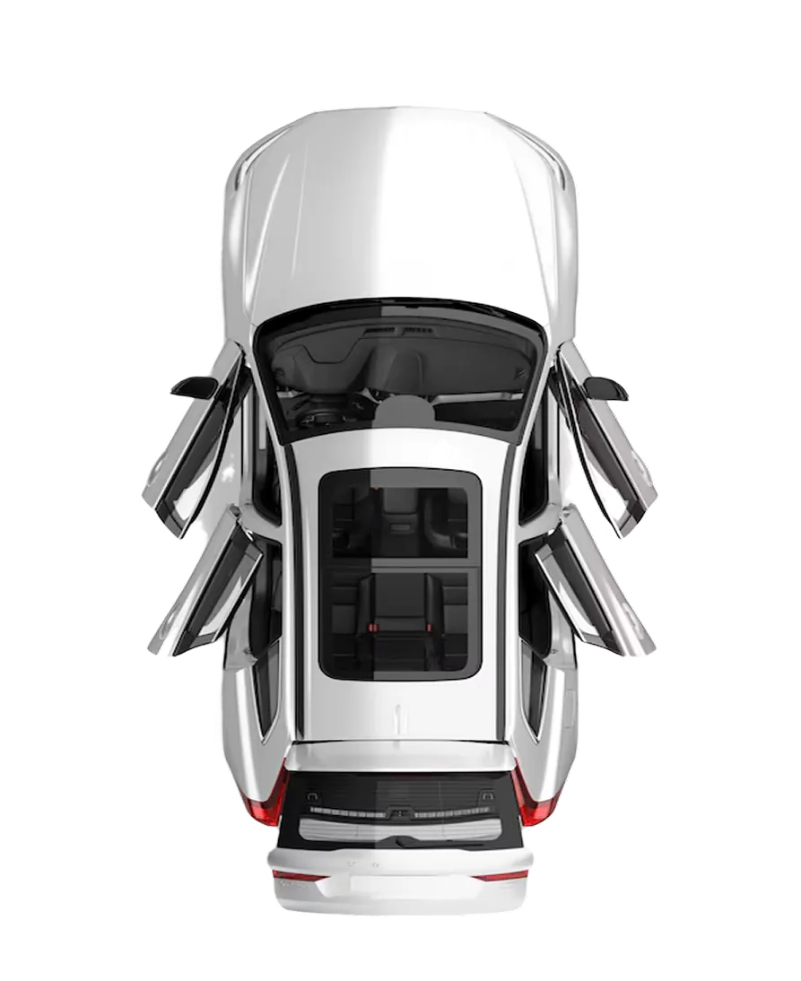 Overhead top-down view of a white Volvo electric SUV with all doors, tailgate, and panoramic sunroof open.