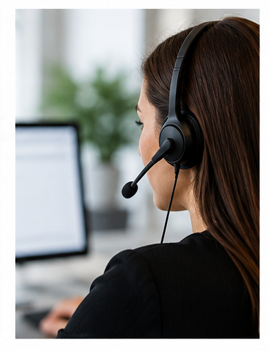 Customer support representative wearing a headset
