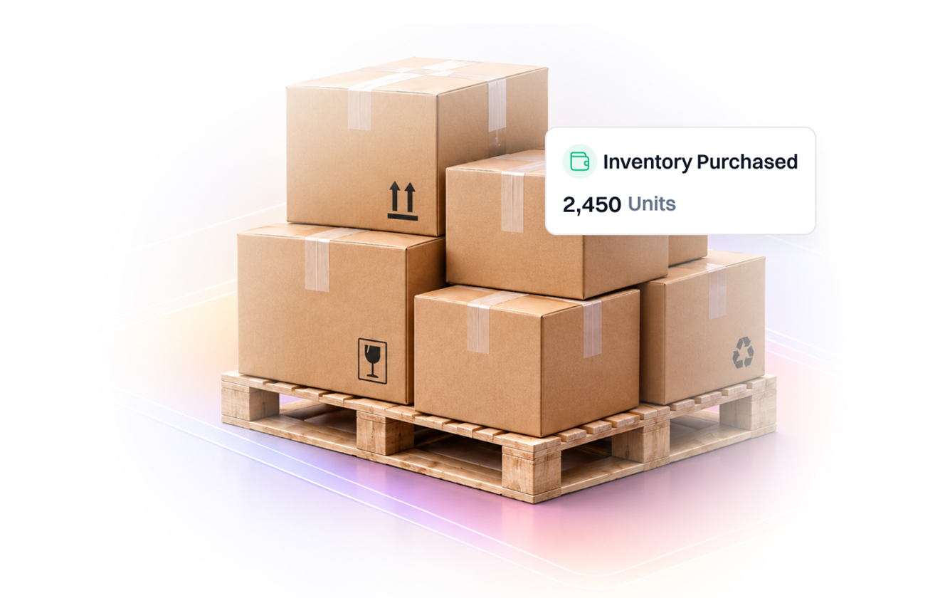 A wooden pallet stacked with five sealed cardboard boxes, with icons indicating handling instructions and recycling, accompanied by a digital label reading 'Inventory Purchased 2,450 Units'.