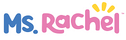 Text logo that reads 'Ms. Rachel' with 'Ms.' in blue and 'Rachel' in pink, decorated with small yellow accent marks above the 'l'.