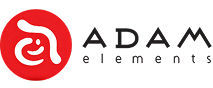Logo with a red circular emblem containing a white abstract design next to the text 'ADAM elements'.