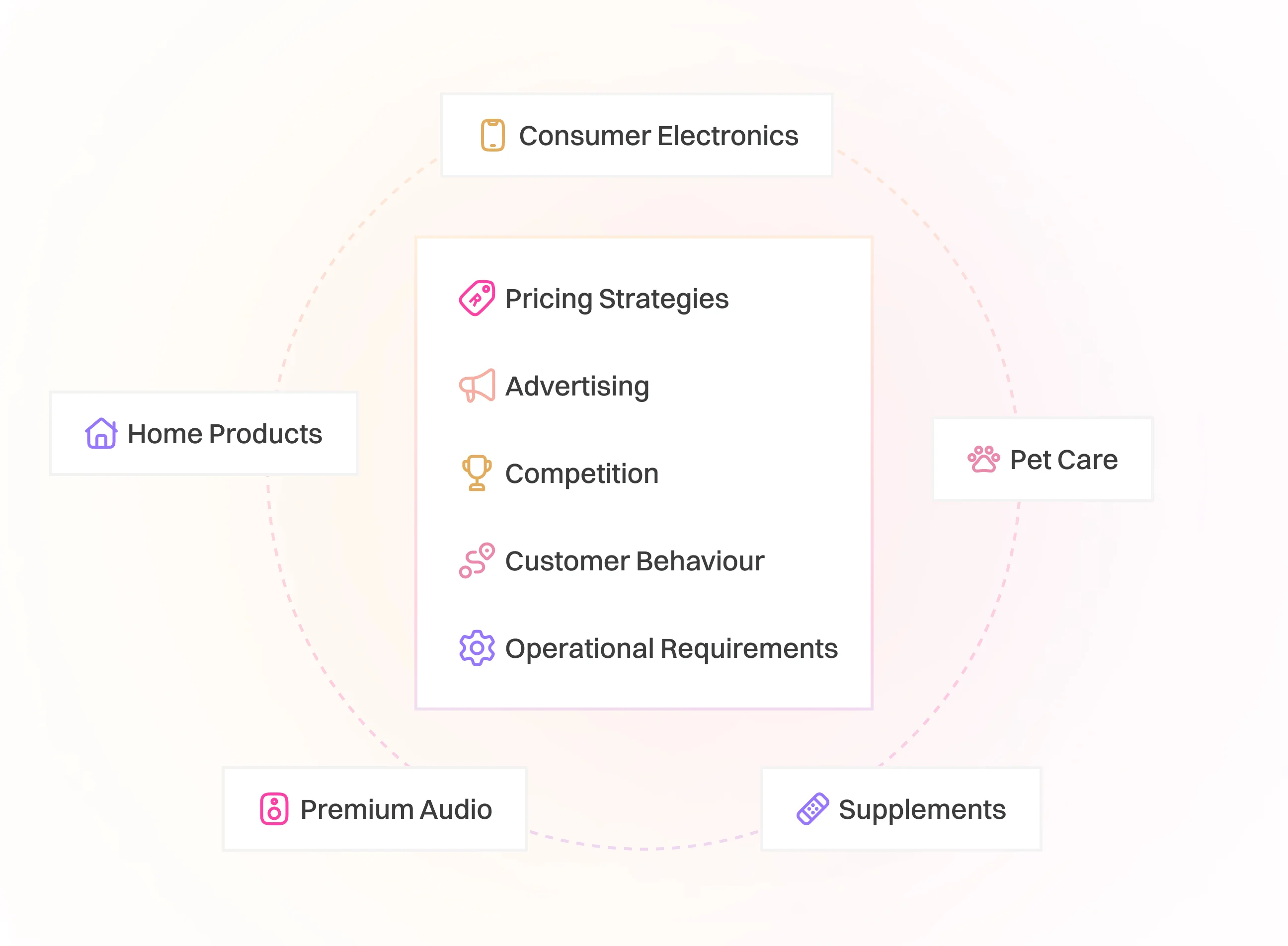 Diagram showing a central list of marketing focus areas: Pricing Strategies, Advertising, Competition, Customer Behaviour, and Operational Requirements, surrounded by categories Consumer Electronics, Home Products, Pet Care, Premium Audio, and Supplements each with related icons.