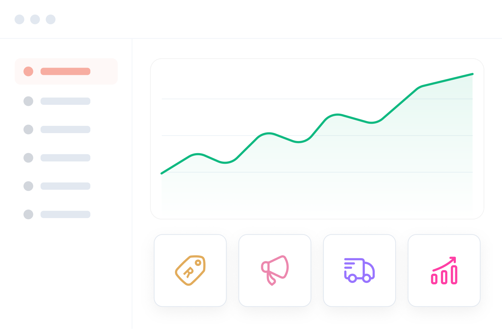 Dashboard interface showing a green upward trending line graph, a sidebar with circular markers and text lines, and four rounded square icons below the graph representing a price tag, a megaphone, a delivery truck, and a bar chart with an upward arrow.