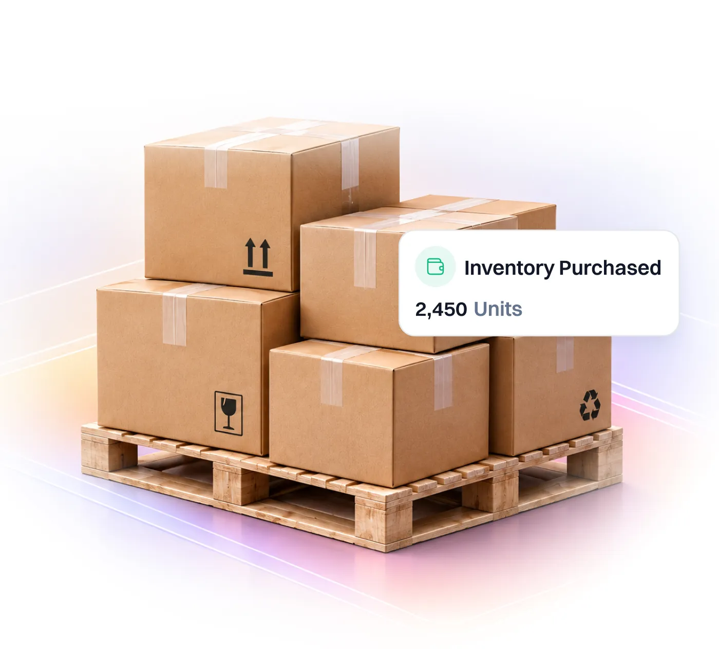 Five sealed cardboard boxes with shipping symbols stacked on a wooden pallet, with a label showing Inventory Purchased: 2,450 Units.