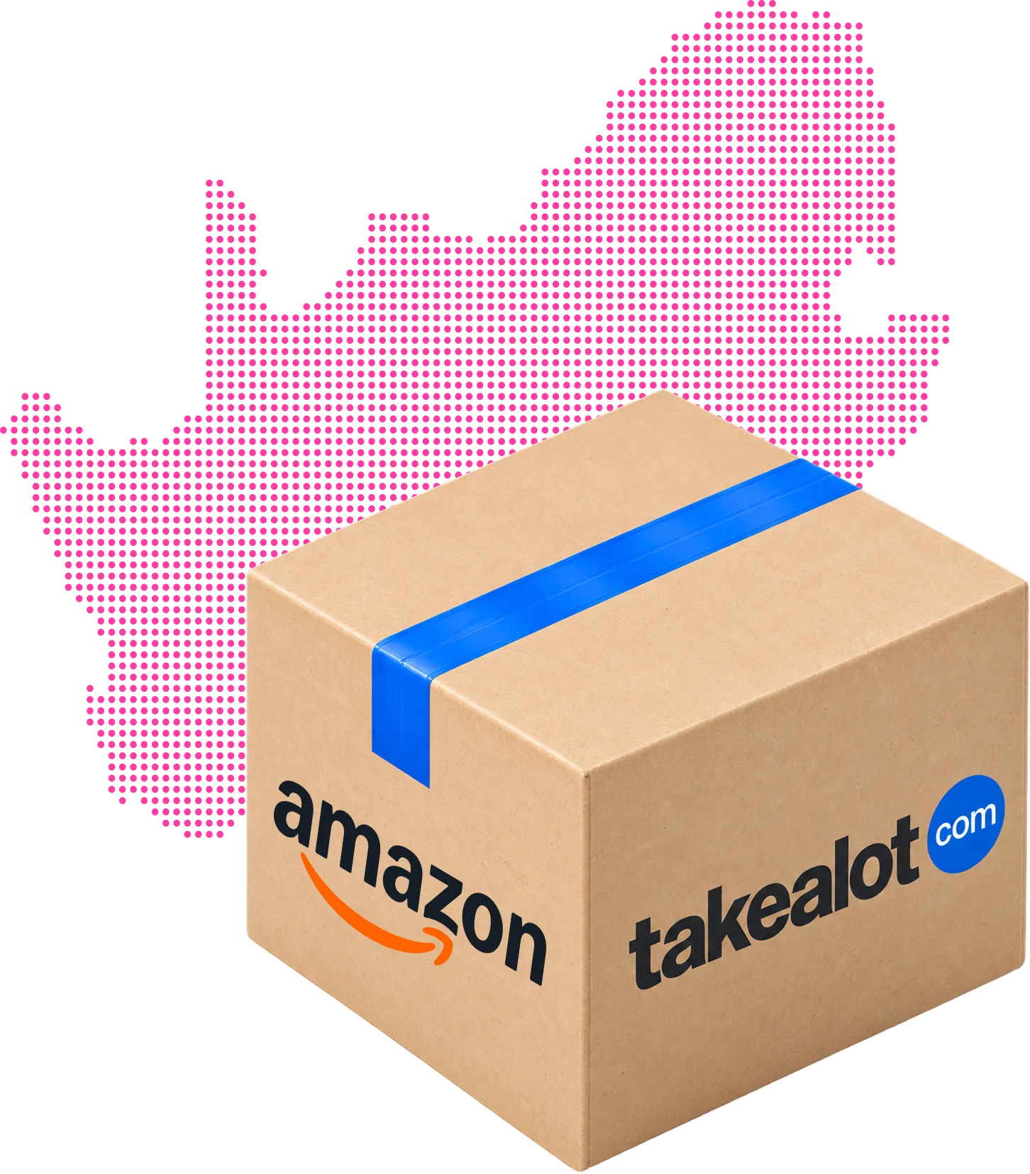 Brown cardboard shipping box with blue tape on top featuring Amazon and Takealot.com logos, in front of a pink dotted map outline.