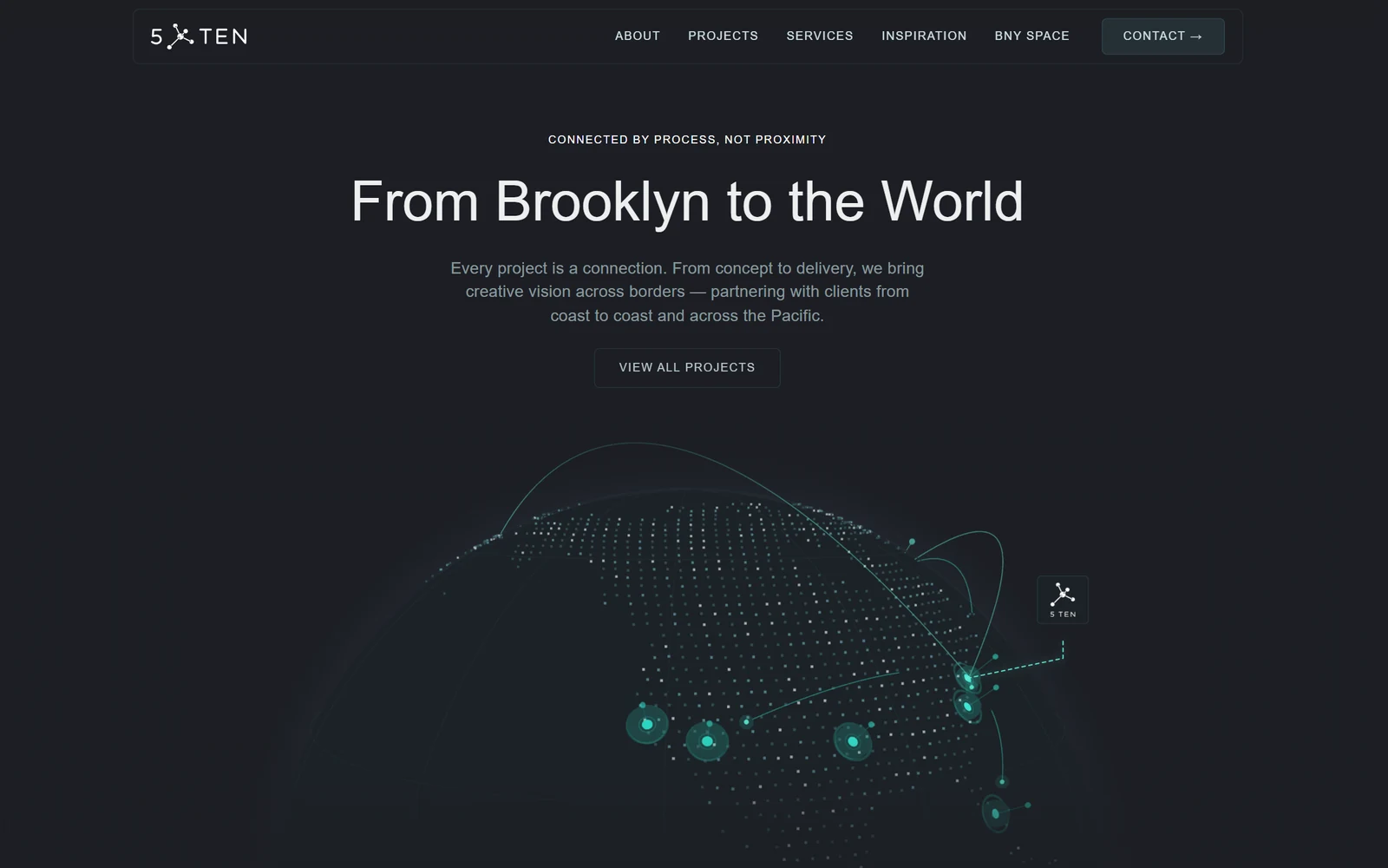 5 TEN homepage globe: From Brooklyn to the World, with project pins across North America linked back to Brooklyn