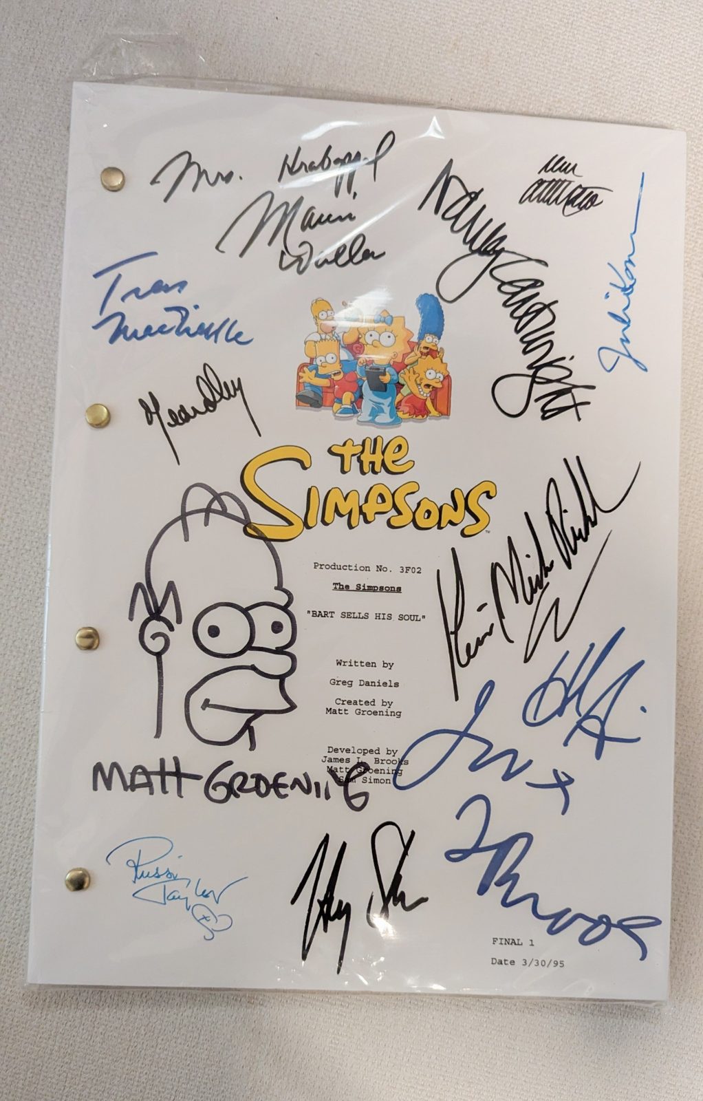 The signed script of "Bart Sells His Soul", with Matt Groening's Homer sketch on the cover