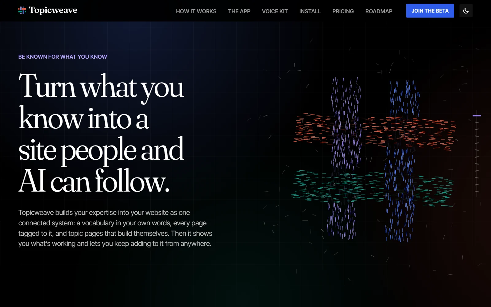 The Topicweave homepage: “Turn what you know into a site people and AI can follow.” beside the woven mark in lilac, coral, teal and cobalt threads