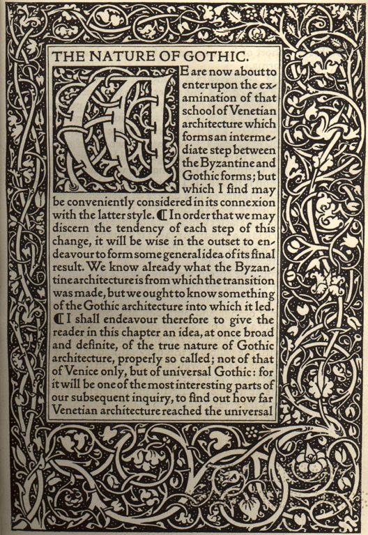 The first page of William Morris's 1892 Kelmscott Press edition of The Nature of Gothic, framed in a hand-drawn border of vines