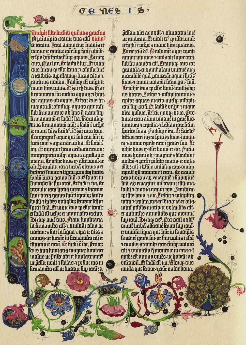 The first page of Genesis in a Gutenberg Bible: two perfectly even columns of type, with hand-painted decoration added afterward