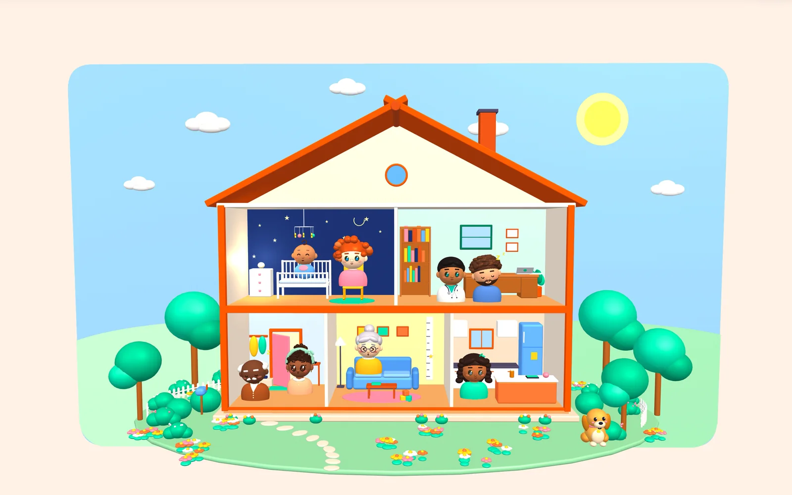The kip house on kipvillage.com: a cutaway dollhouse with the whole village inside, one room per feature
