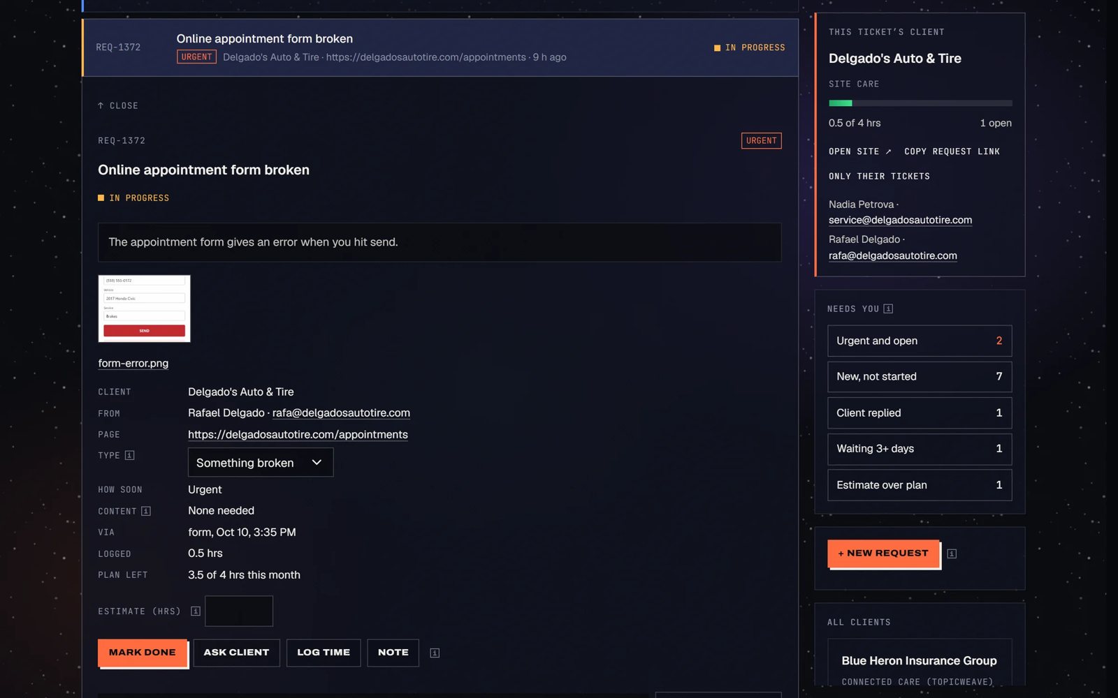 The request desk tracker with an urgent ticket open and the Needs you panel on the right (demo data, made-up clients)