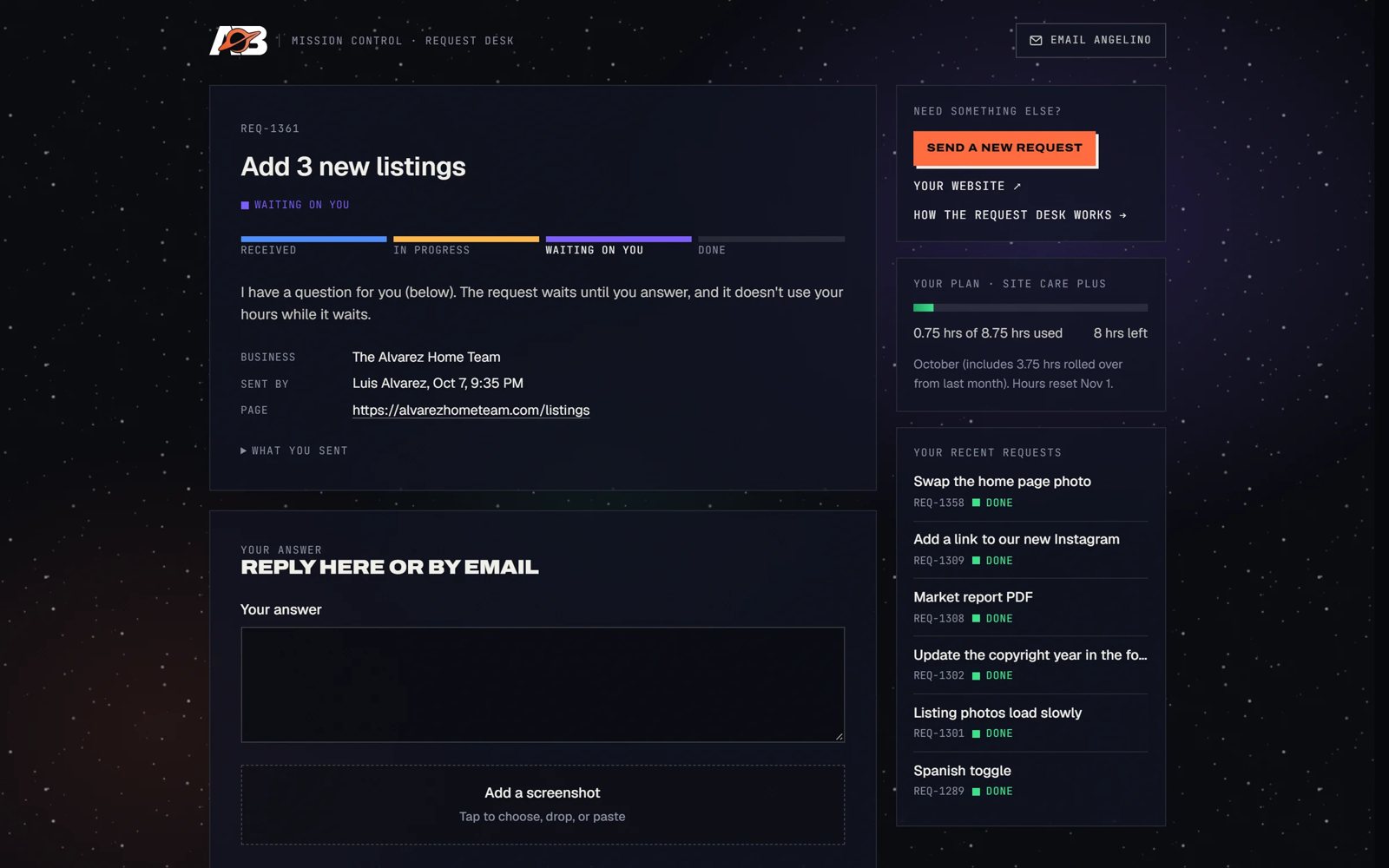 A client status page: Add 3 new listings, waiting on you, with the plan's hours and recent requests (demo data, made-up client)