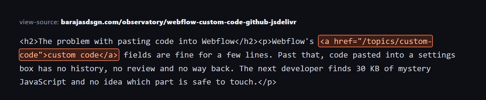 A field note's raw HTML in the browser's view-source, with the /topics/ link highlighted