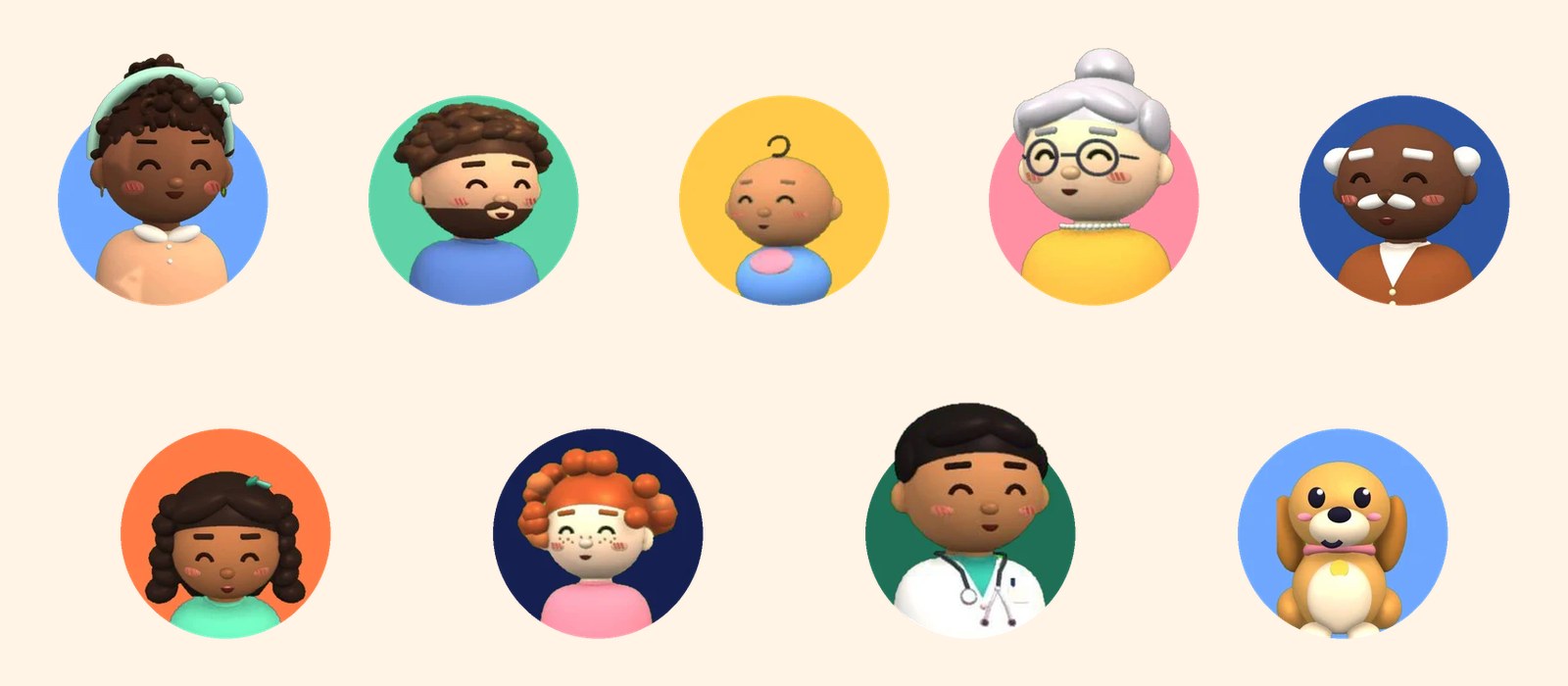 All nine kip characters as happy 3D portraits on their brand-color circles