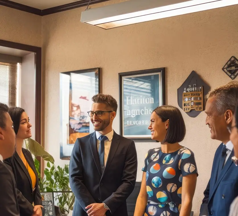 A group of five professionally dressed people standing together in an office space, smiling and engaging in conversation, with framed artwork and decorative items on the wall behind them.