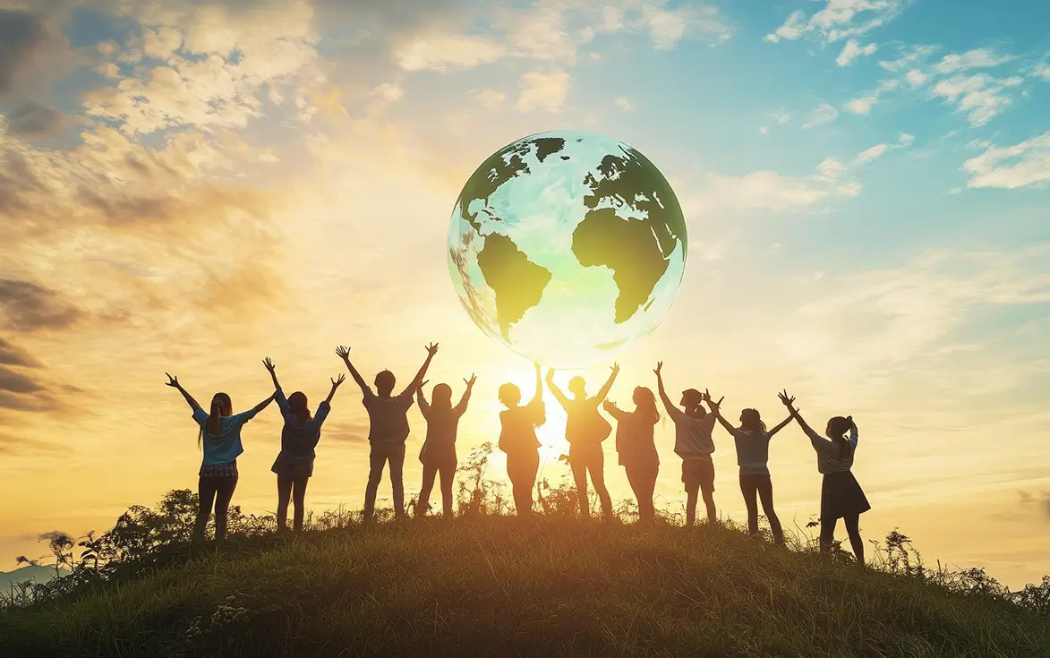 Silhouettes of a group of children standing on a grassy hill at sunset with their arms raised towards a large translucent globe showing Earth's continents hovering above them.