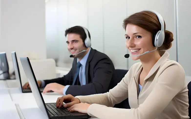 Smiling female and male customer service representatives wearing headsets and working on laptops in a modern office.