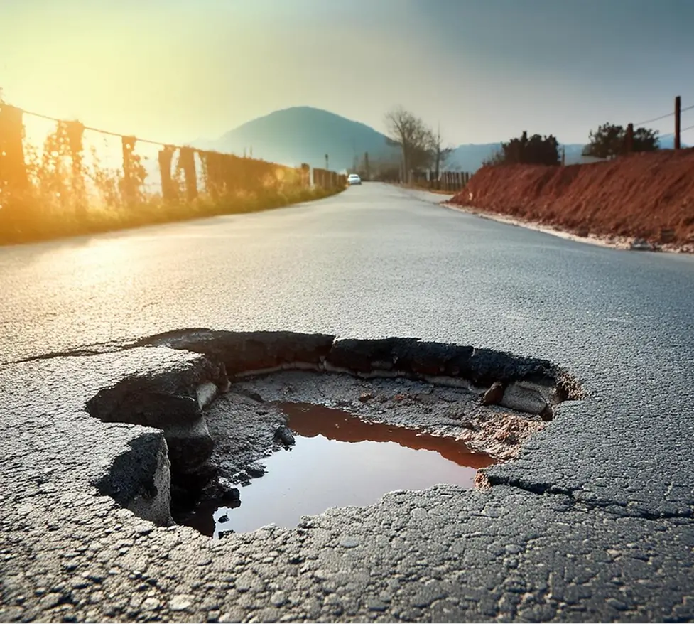 Large pothole filled with water on a rural asphalt road during daytime, with a car in the distance and hills in the background.