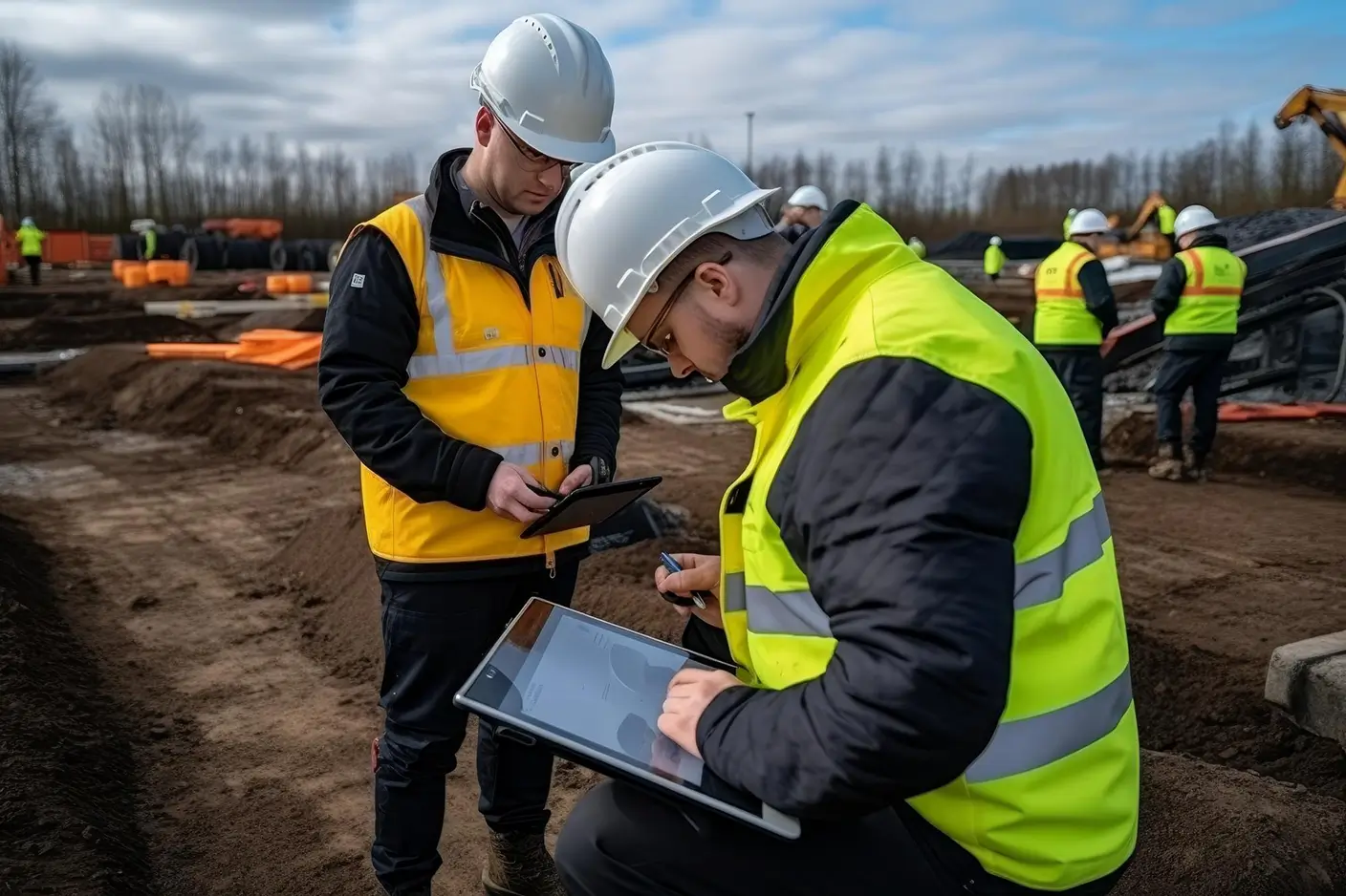 Two construction workers wearing white helmets and high-visibility jackets use tablets at a construction site with dirt ground and equipment in the background.