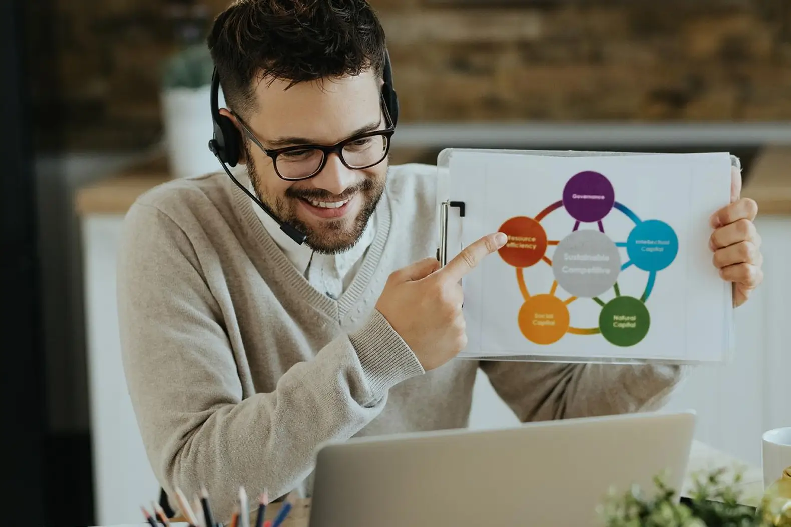 Man wearing glasses and a headset points to a clipboard with a colorful circular diagram labeled with terms like Governance, Resource Efficiency, Intellectual Capital, Social Capital, and Natural Capital around a central Sustainable Competitive label while sitting at a desk with a laptop.