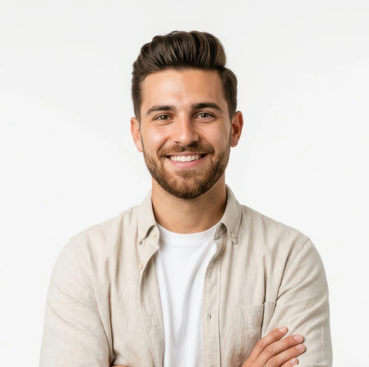 Smiling young man with styled dark hair, beard, and mustache wearing a beige button-up shirt over a white t-shirt, standing with arms crossed against a plain white background.