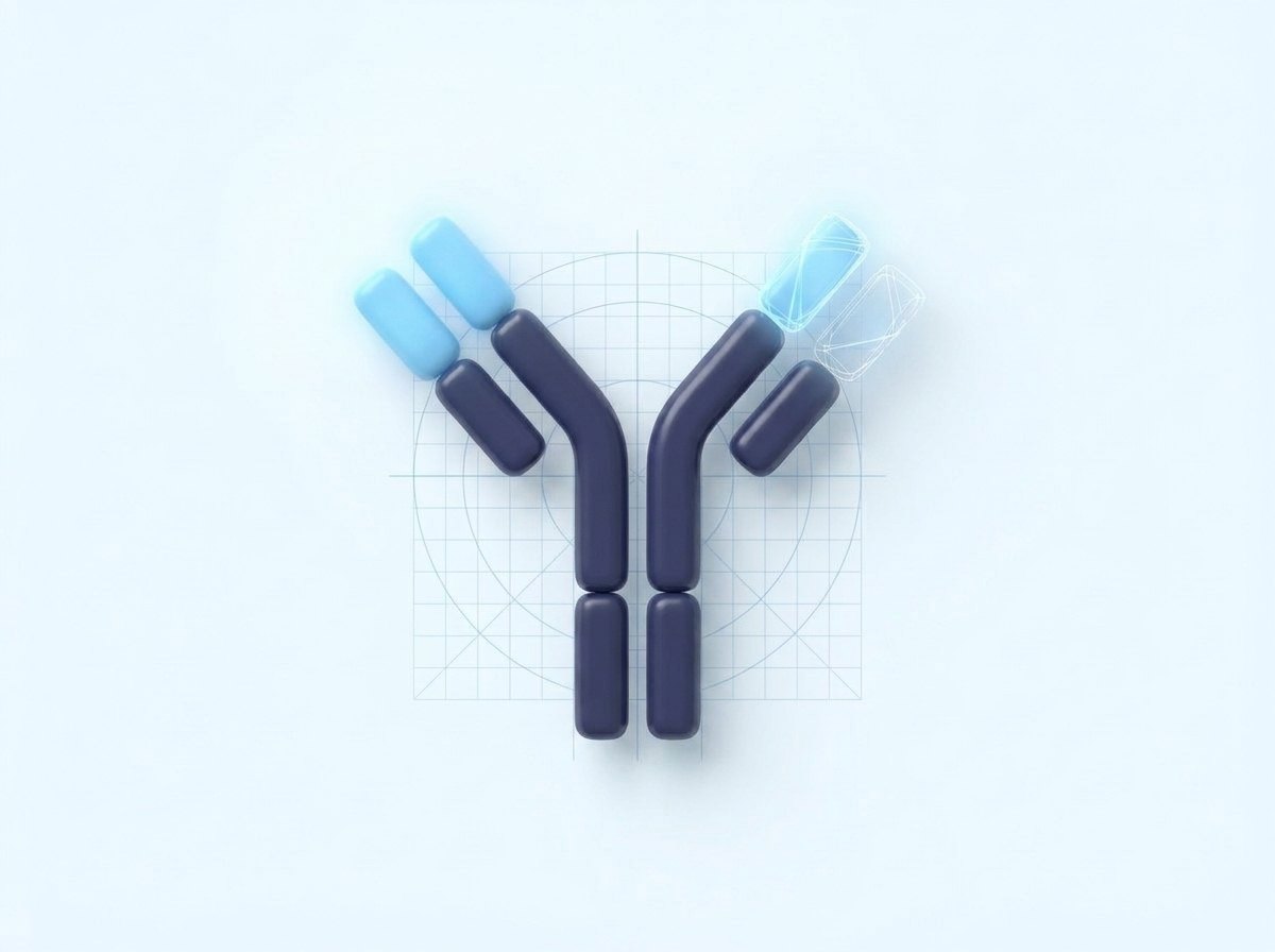 An antibody on a blueprint grid with its variable regions being redesigned