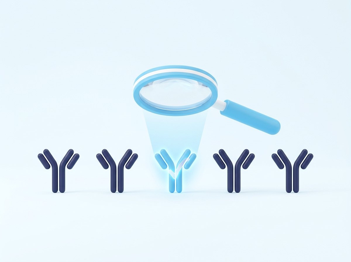 A magnifying glass checking a row of antibody candidates