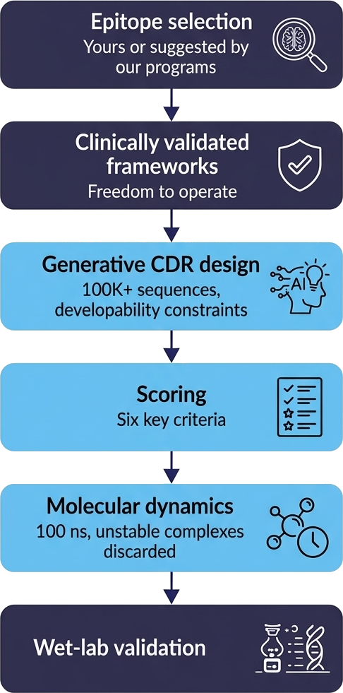 Six-step pipeline: epitope selection, clinically validated frameworks, generative CDR design, scoring, molecular dynamics, wet-lab validation